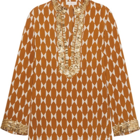 Tory Burch Tops - Tory Burch Gold Tile Embellished Silk Crepe Tunic